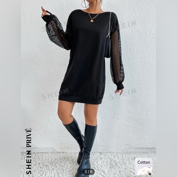 SHEIN Privé Contrast Fishnet Drop Shoulder Sweatshirt - Picture 1 of 4